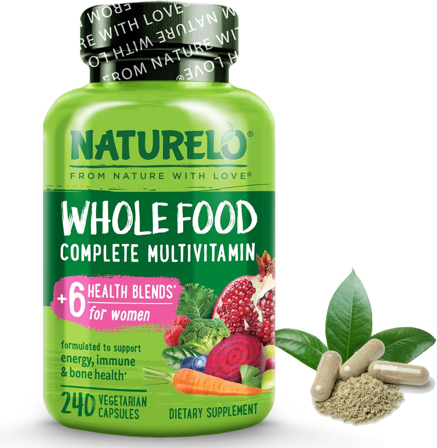 Naturelo Whole Food Multivitamin For Women - With Vitamins, Minerals, & Organic Extracts - Supplement For Energy And Heart Health - Non Gmo - 240 Vegan Capsules