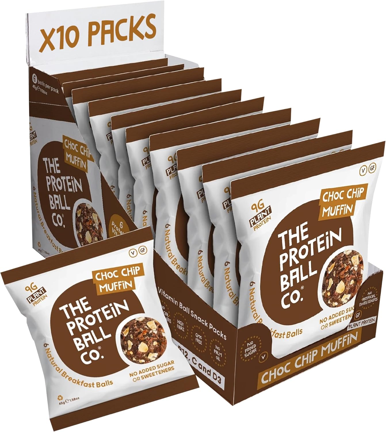 Protein Balls Choc Chip Muffin Flavour By The Protein Ball Co-100% Natural, Vitamin Enriched Snacks-10 X 45G Bags-High Fibre, No Added Sugar, Gluten Free, No Artificial Sweeteners