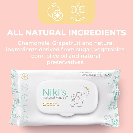 Niki'S Natural Baby Wipes | Sensitive Organic Baby Wipes | Made With Manuka Honey And Coconut Oil, No Added Scents | Ewg Verified | 248 Wipes (4 Pack X 62 Count Wipes)