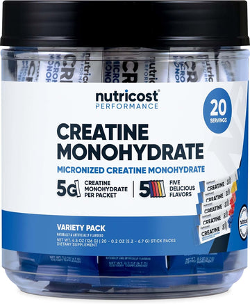 Nutricost Creatine Monohydrate Powder Variety Stickpacks (5 Flavors, 20 Servings) - Micronized, 5 Grams of Creatine Monohydrate Per Pack