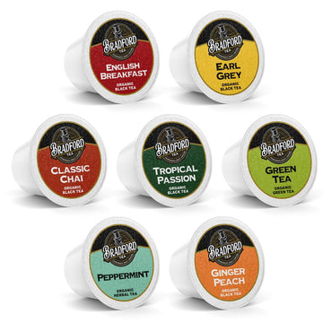 Bradford Organic Tea Pods For Keurig Brewers, Variety Pack Of 96 Count, 7 Unique Blends: English Breakfast, Tropical Passion, Green Tea, Ginger Peach, Chai Tea, Peppermint Tea, Earl Grey, Compatible With Keurig K-Cup Machines