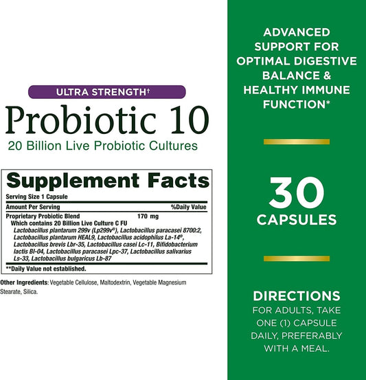 Nature's Bounty Probiotic 10, Ultra Strength Daily Probiotic Supplement, Support for Digestive, Immune and Upper Respiratory Health, 2 Pack, 30 Capsules