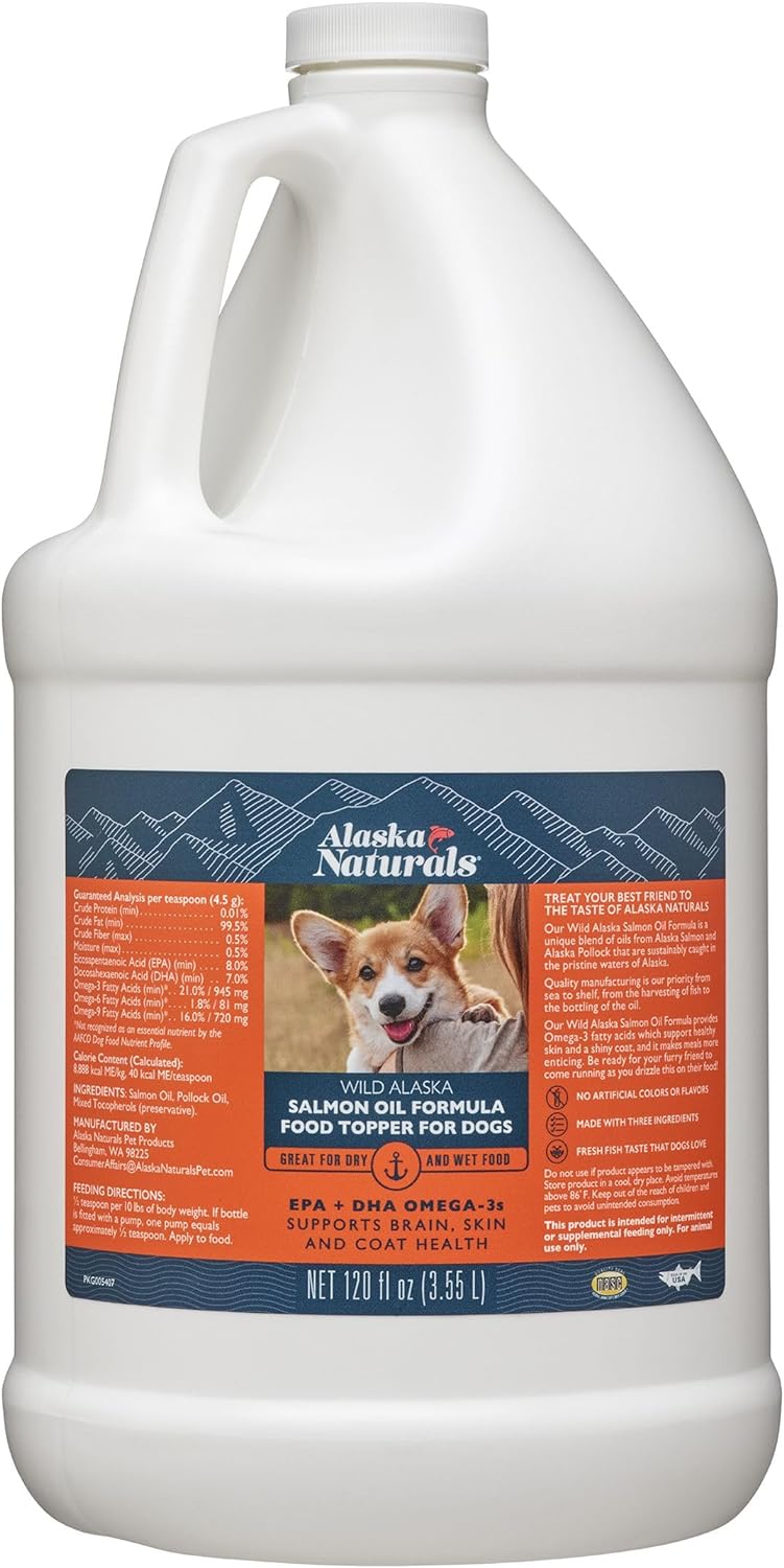 Wild Alaskan Salmon Fish Oil for Dogs Skin and Coat – EPA + DHA Omega 3 Oil - Fatty Acids Dog Supplements - Support Fur Coat and Brain Health - Natural Liquid Food Topper for Pets – 120 oz. : Pet Supplies