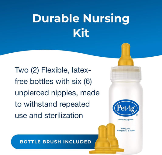 Pet-Ag Nursing Kit - 4 Oz, Pack Of 2 - Promotes The Natural Feeding Of Liquids To Baby Animals - Each Kit Includes 4 Oz. Bottle With Cap, 3 Nipples & Cleaning Brush