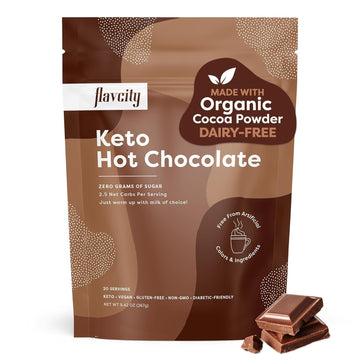 FlavCity Keto Hot Chocolate Powder, Original – Dairy-Free & Sugar-Free Organic Cocoa Powder Drink Mix – High-Fiber, Low-Carb & Gluten-Free Prebiotic - Vegan & Non-GMO (9.4 Oz)