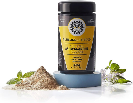 SunblissSuperfood Organic Ashwagandha Powder | USDA Certified Organic, Vegan and Non GMO | Nootropic Adaptogen Powder | Pure Ashwagandha Root Supplement with No Fillers