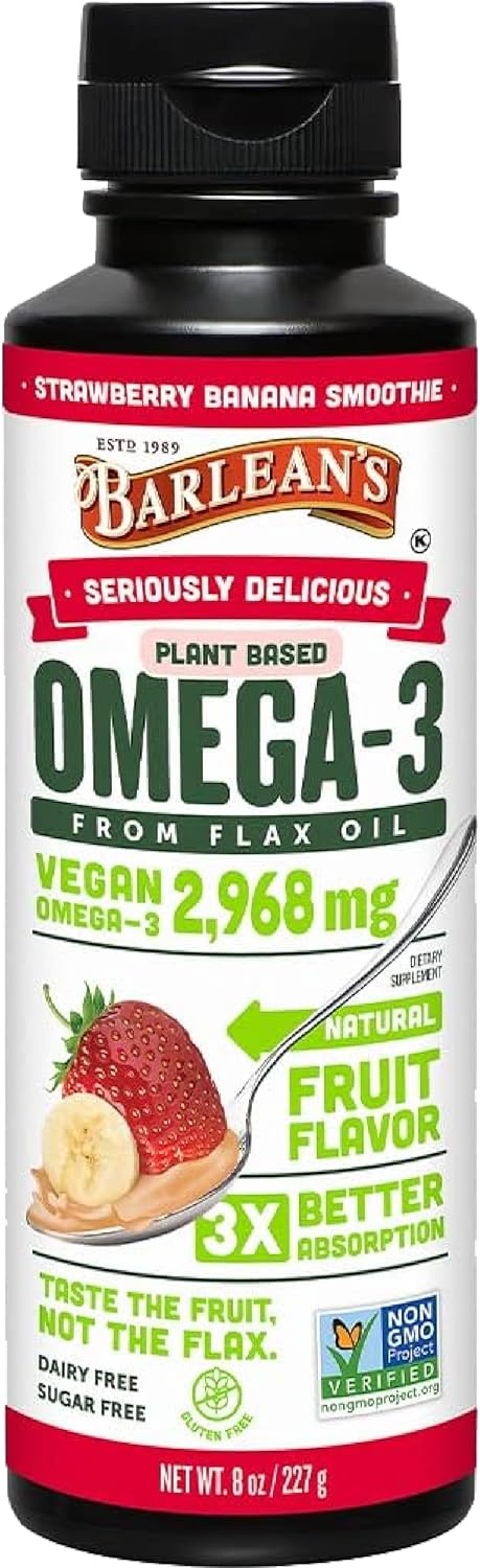 Barlean'S Strawberry Banana Flaxseed Oil Liquid, Vegan Omega 3 6 9 Supplements For Kids & Adults From Cold Pressed Flax Seed Oil With 2,968 Mg Of Vegan Omegas, Non-Gmo & Gluten Free, 8 Oz