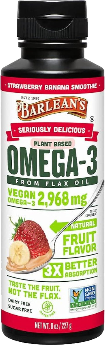 Barlean's Strawberry Banana Flaxseed Oil Liquid, Vegan Omega 3 6 9 Supplements for Kids & Adults from Cold Pressed Flax Seed Oil with 2,968 mg of Vegan Omegas, Non-GMO & Gluten Free, 8 oz