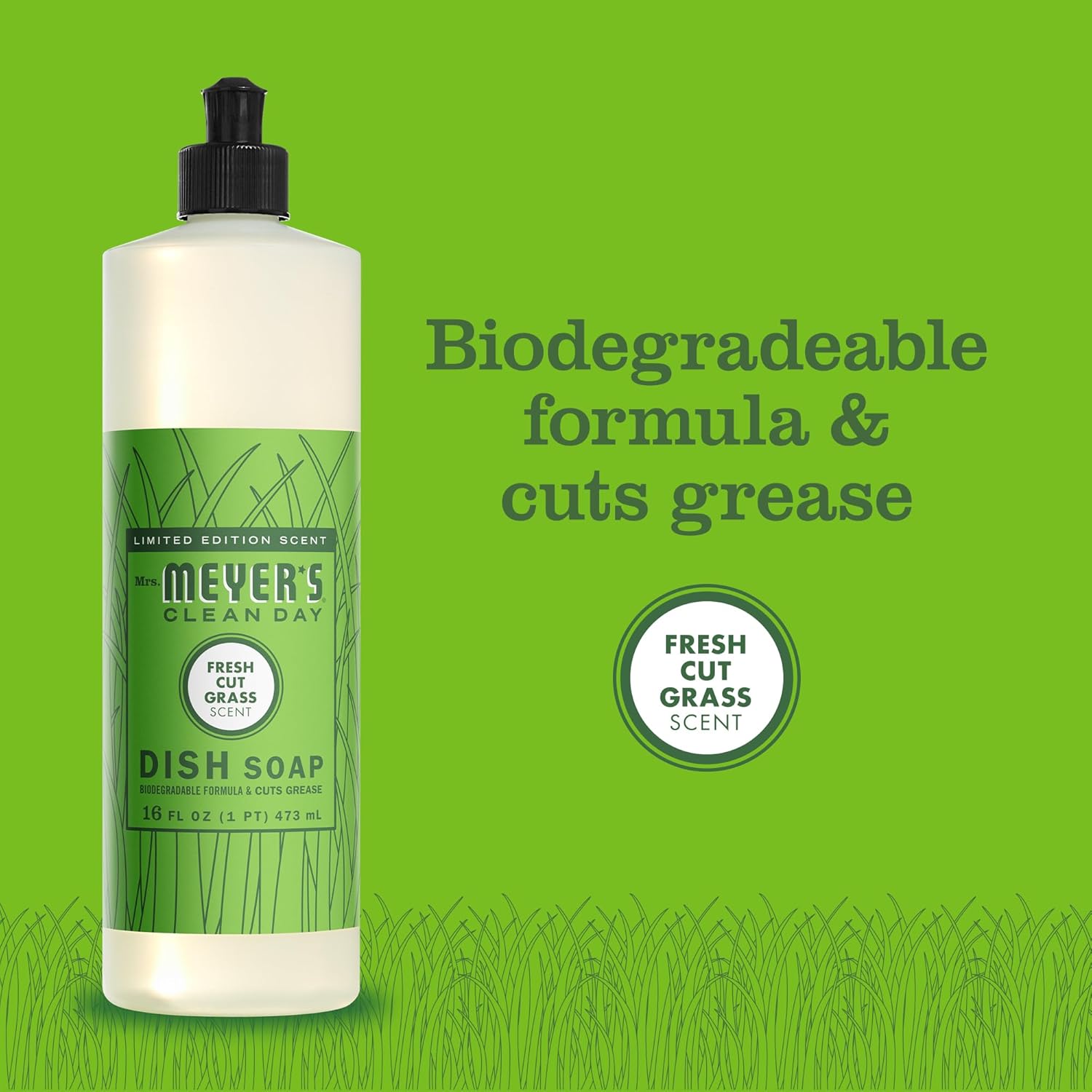 Mrs. Meyer'S Clean Day Liquid Dish Soap, Fresh Cut Grass Scent, 16 Ounce Bottle