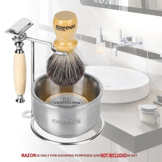 Anbbas Badger Hair Shaving Brush With Wood Handle,Stainless Steel Razor And Brush Stand, Shaving Bowl With Shaving Soap Bar 4In1 Set For Men Wet Shave