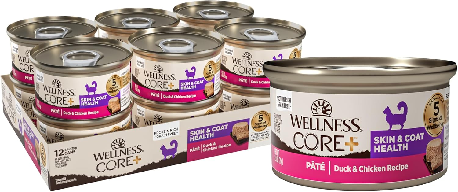 Wellness Core+ Skin & Coat Recipe, Natural Grain Free Canned Wet Cat Food, Duck & Chicken Smooth Pate, 2.8 Ounces (Pack Of 12)