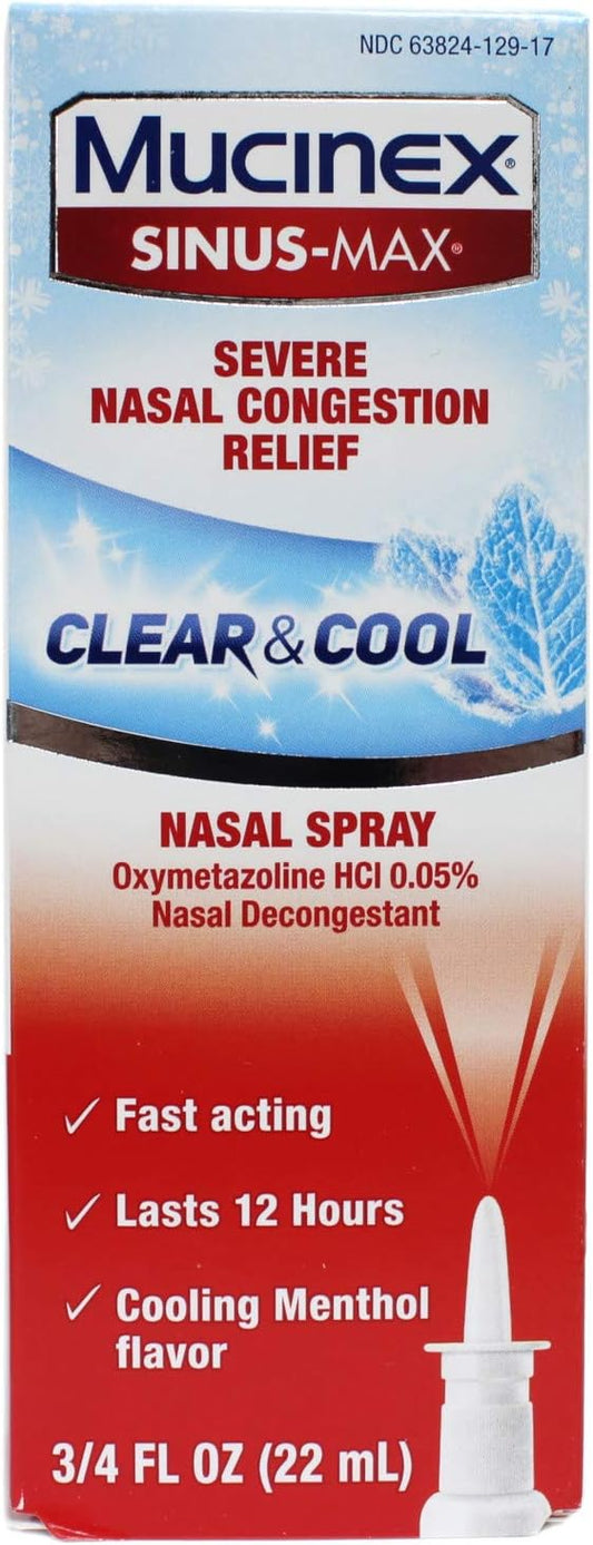 Mucinex Sinus-Max Severe Congestion Relief Clear & Cool Nasal Decongestant Spray- Fast Acting Relief For Sinus Pressure, With Cooling Menthol & Oxymetazoline, 0.75 Oz. (Pack Of 2), Packaging May Vary