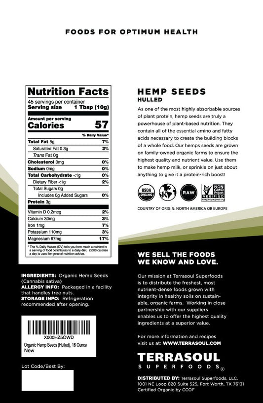 Terrasoul Superfoods Organic Hemp Seeds, 16 Oz, Versatile Superfood for Smoothies, Salads, and Grain-Free Toppings