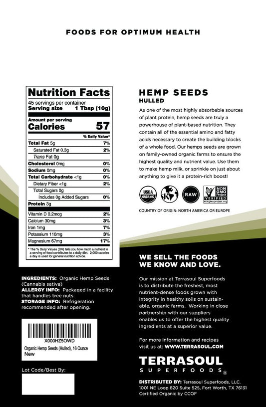 Terrasoul Superfoods Organic Hemp Seeds, 16 Oz, Versatile Superfood For Smoothies, Salads, And Grain-Free Toppings