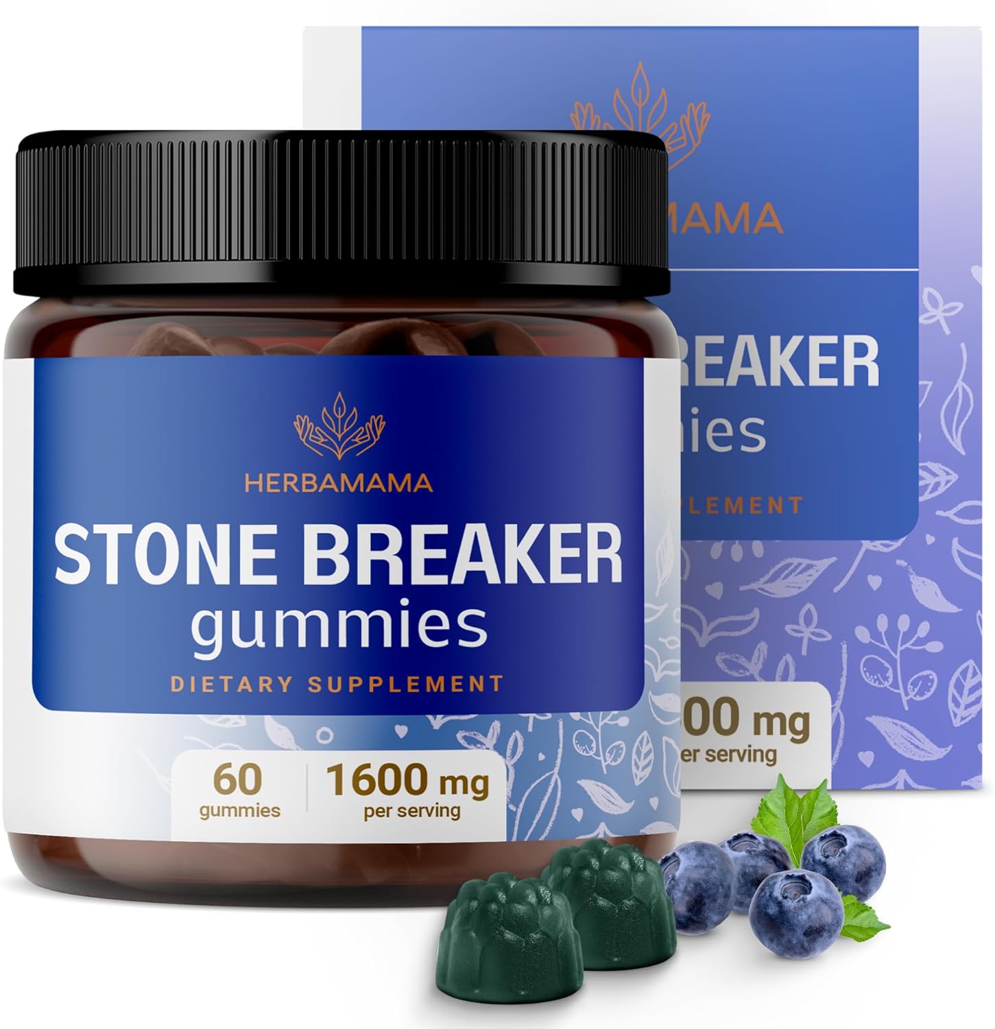 Herbamama Chanca Piedra Stone Breaker Gummies - 1600 Mg Kidney Cleanse Detox Supplement - Vegan, Gelatin-Free, Non-Gmo - 60 Blueberry-Flavored Chanca Piedra Chews