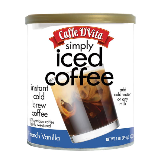 Caffe D’Vita Simply Iced Coffee French Vanilla - 100% Colombian Arabica Instant Mix, French Vanilla Instant Coffee, Low Calorie Iced Coffee, Lightly Sweetened, Dairy Free - 1 Lb Can