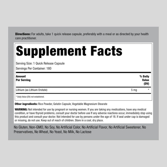 Piping Rock Lithium Orotate 5Mg | 180 Capsules | Non-Gmo, Gluten Free Supplement