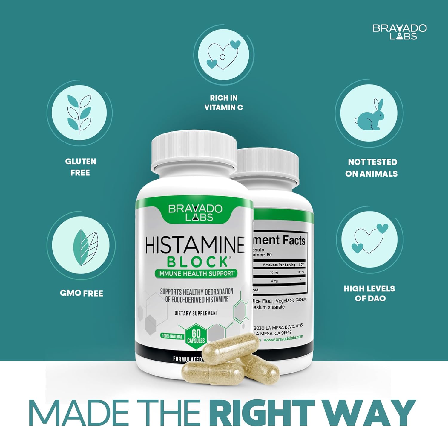 Bravado Labs Histamine Blocker Supplements – Dao Enzyme Formula & Vitamin C – Daily Support For Histamine Intolerance & Immune Support – Dao Supplements Histamine Blocker – 60 Capsules – Made In Usa : Health & Household