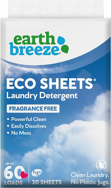 Earth Breeze Laundry Detergent Sheets - 30 Detergent Sheets - 60 Loads - Concentrated Liquidless Laundry Soap - No Plastic Jug - Fragrance-Free