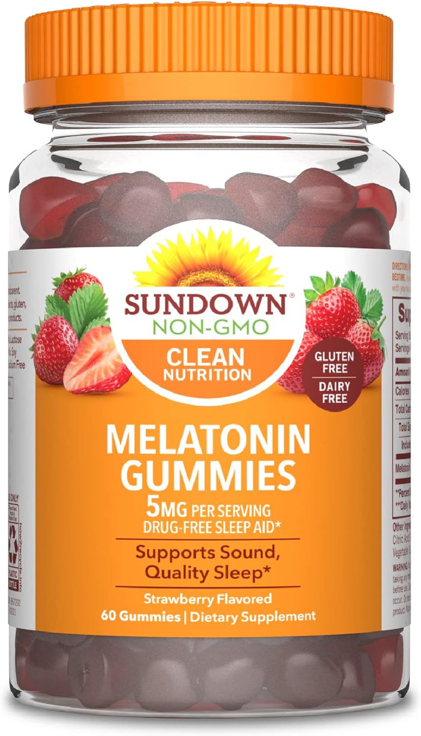 Sundown Melatonin 5mg Gummies for Sleep Support, Non-GMO, Dairy-Free, Gluten-Free, Natural Strawberry Flavor, 60 Count