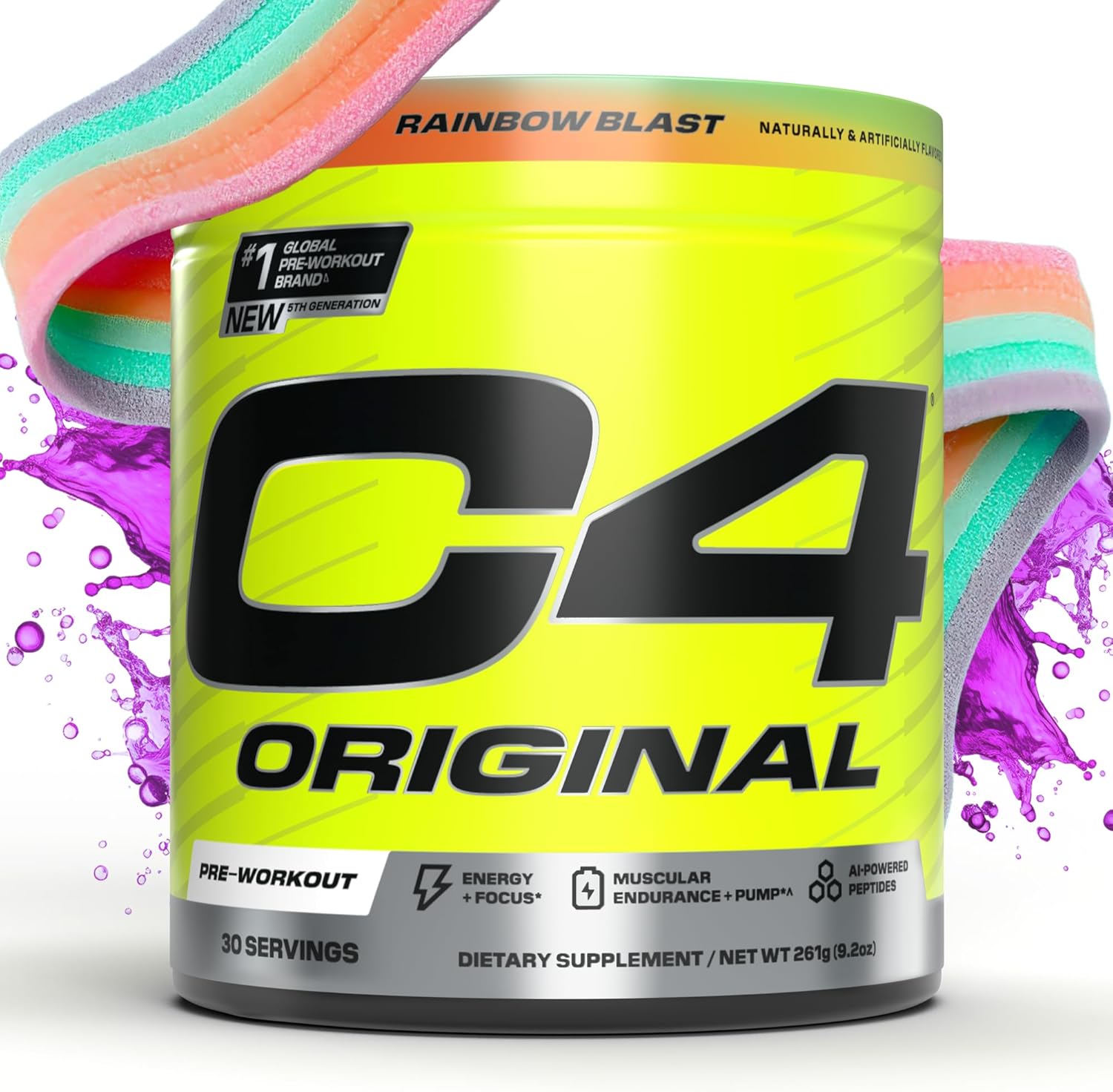 Cellucor C4 Original Pre Workout Powder Sugar Free For Men & Women 200Mg Caffeine + Carnosyn Beta-Alanine + Creatine + Ai Peptides - Rainbow Blast, 30 Servings