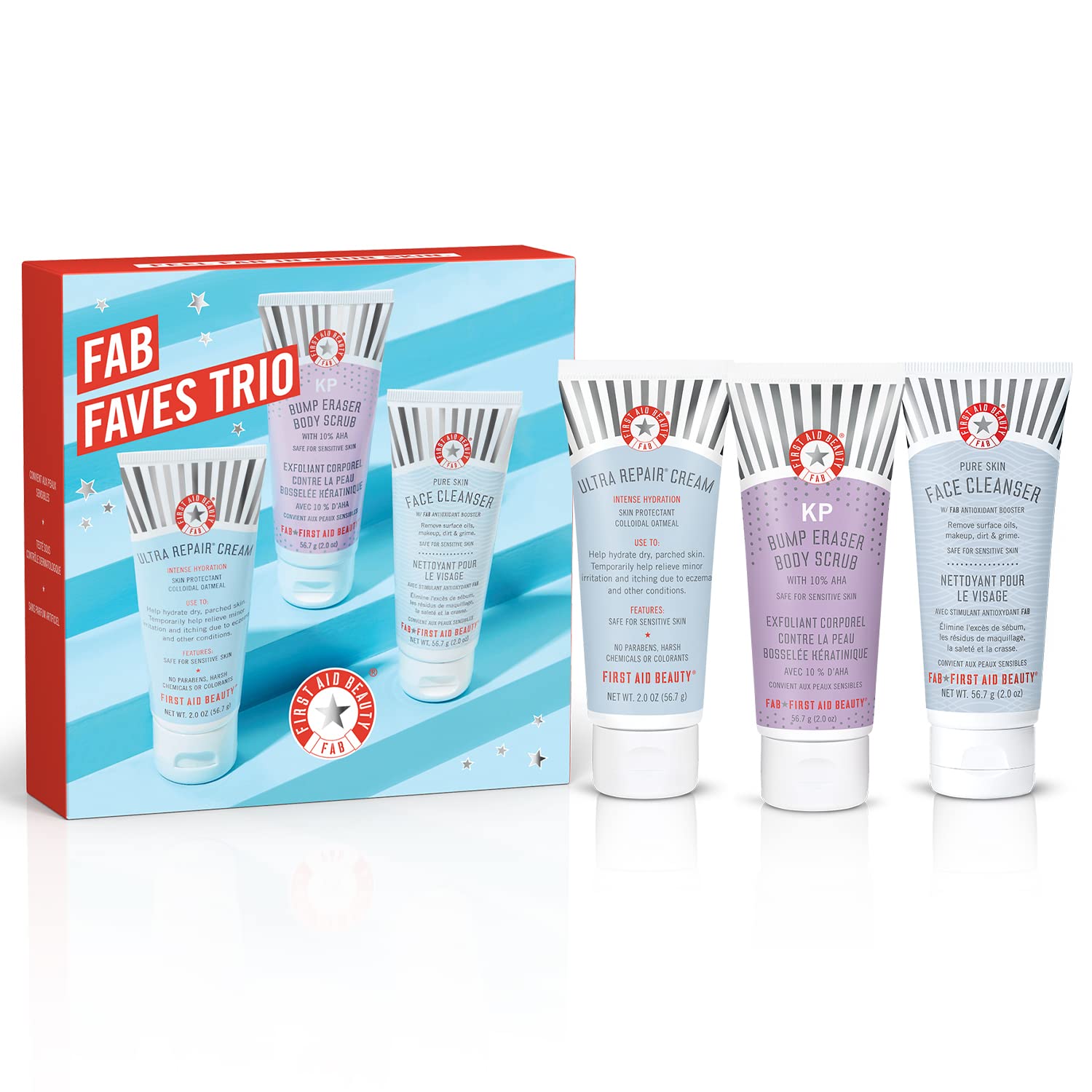 First Aid Beauty FAB Faves Trio: KP Bump Eraser Body Scrub with 10% AHA 2 oz, Ultra Repair Cream 2 oz & Pure Skin Face Cleanser 2 oz