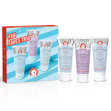 First Aid Beauty FAB Faves Trio: KP Bump Eraser Body Scrub with 10% AHA 2 oz, Ultra Repair Cream 2 oz & Pure Skin Face Cleanser 2 oz
