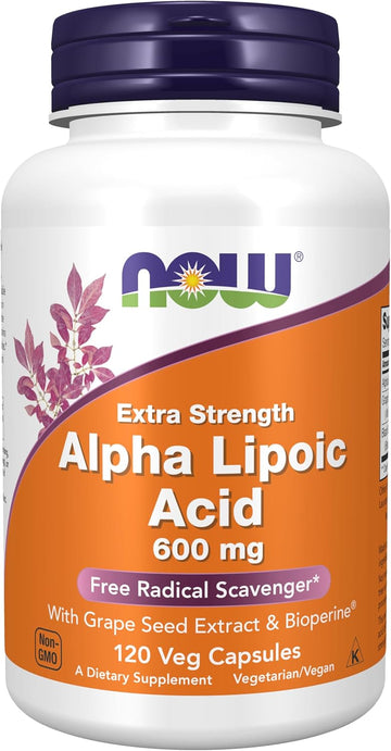 Now Foods Supplements, Alpha Lipoic Acid 600 Mg With Grape Seed Extract & Bioperine®, Extra Strength, 120 Veg Capsules