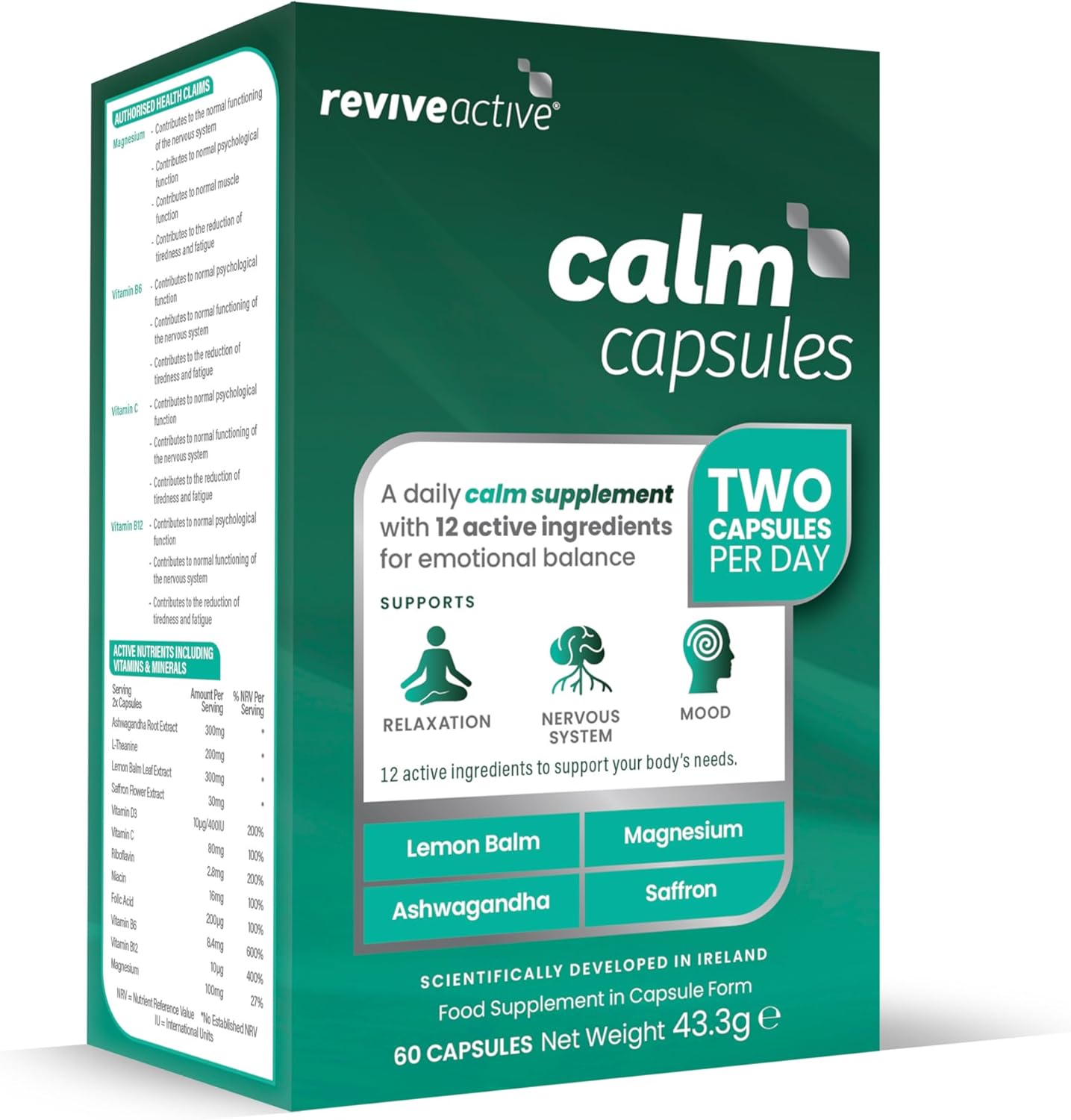 Revive Active Calm Capsules - 12 Active Ingredients - Ashwagandha With Essential Vitamins And Magnesium - Supports Energy Levels, Nervous System, Relaxation & Mood - 60 Capsules
