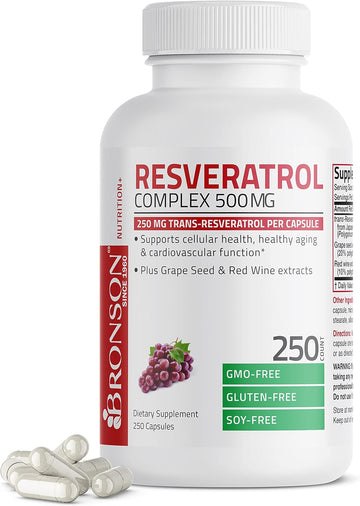 Bronson Resveratrol 500 Complex Standardized Trans-Resveratrol + Grape Seed & Red Wine Extract, 250 Capsules