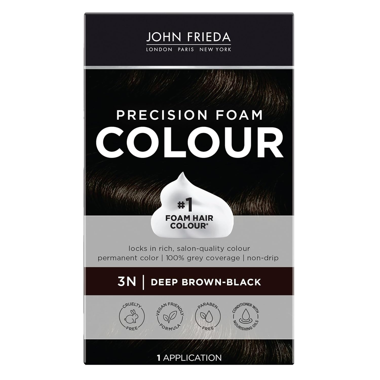 John Frieda Brown Black Permanent Precision Hair Color Foam Hair Color Kit, Brown Black Hair Dye, 3N Deep Brown Black Hair Color, 1 Application