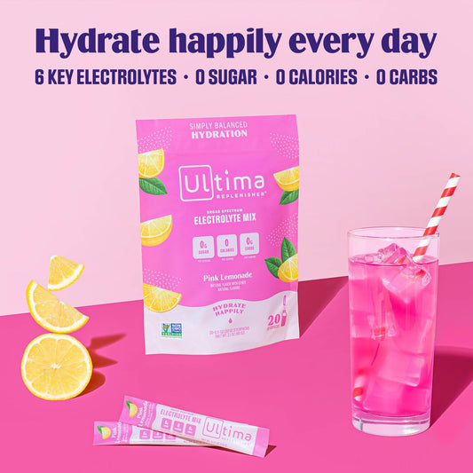 Ultima Replenisher Electrolyte Drink Mix Bundle – Pink Lemonade, 30 Serving Canister & 20 Stickpacks – 6 Electrolytes & Minerals – Keto Friendly, Vegan, Non-Gmo & Sugar-Free Electrolyte Powder