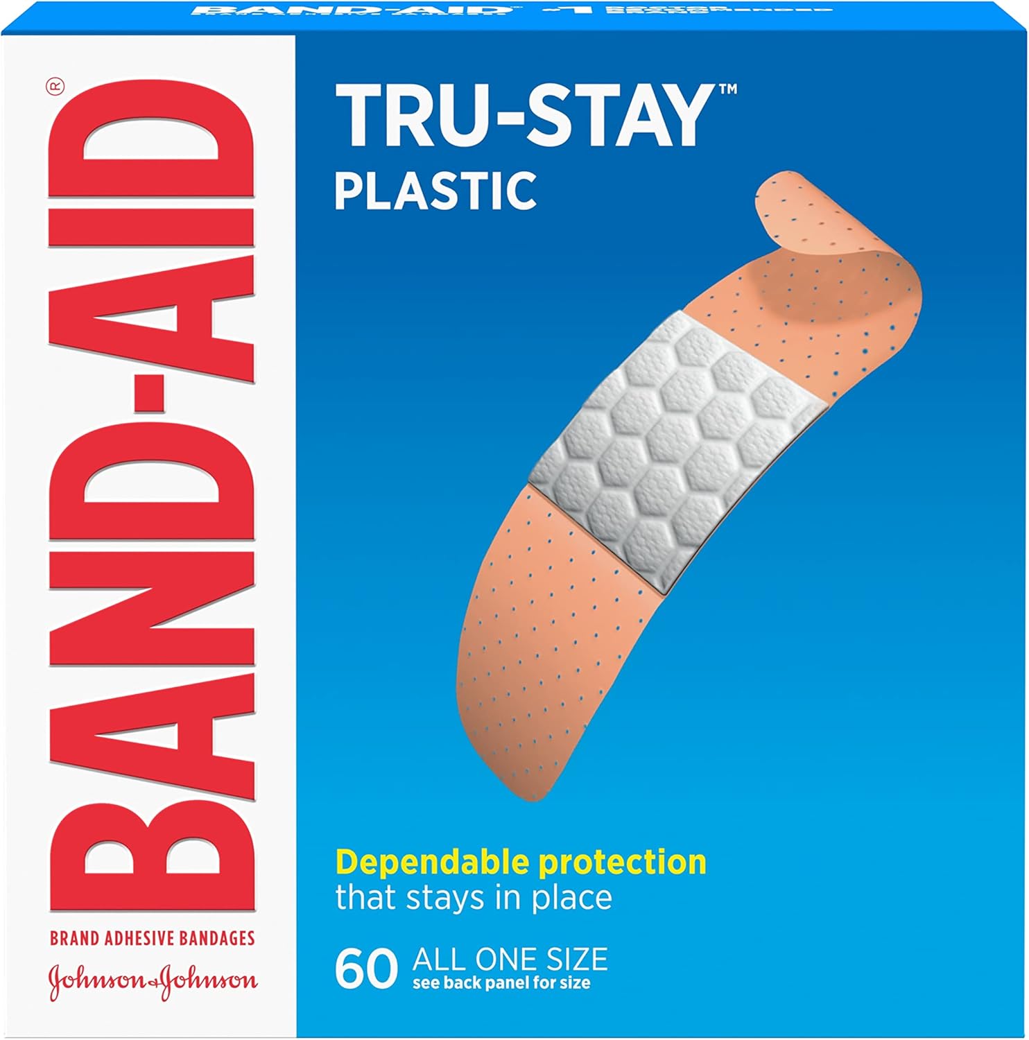 Band-Aid Brand Tru-Stay Plastic Strips Adhesive Bandages For First Aid & Wound Protection, Sterile Individually Wrapped Wound Care Bandages For Minor Cuts & Scrapes, All One Size, 60 Ct