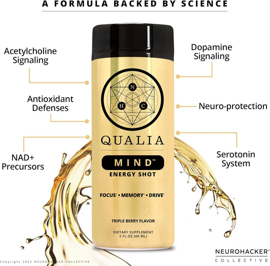 Qualia Mind Energy Shot | Clean Focus for Peak Mental Performance | Niacin Enhancer with Ginseng Root, Alpha GPC, and Caffeine | 2oz Cognitive Enhancer Shot - 6 Pack