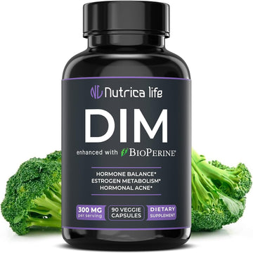 DIM Supplement 300mg - Diindolylmethane with Broccoli & BioPerine - Hormone Balance Support for Women & Men, Estrogen Metabolism, Menopause Relief & Hormonal Acne Control - 90 Vegan Caps