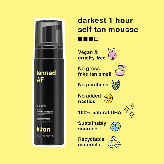 b.tan Dark Self Tanner Mini Kit | Get Tanned Travel Bundle - Mini Dark Self Tanner Mousse with Self Tanning Mitt Applicator, 1 Hour Sunless Tanner, Fast Self Tan, Vegan, Cruelty Free, 3 Fl Oz