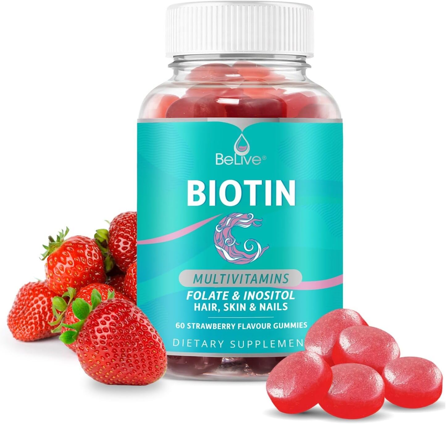 Belive Biotin Gummies With Multivitamins, Folate, Inositol – Supports Hair Growth, Healthy Skin & Nails – Vegan, Pectin Based – Strawberry Flavor (1)