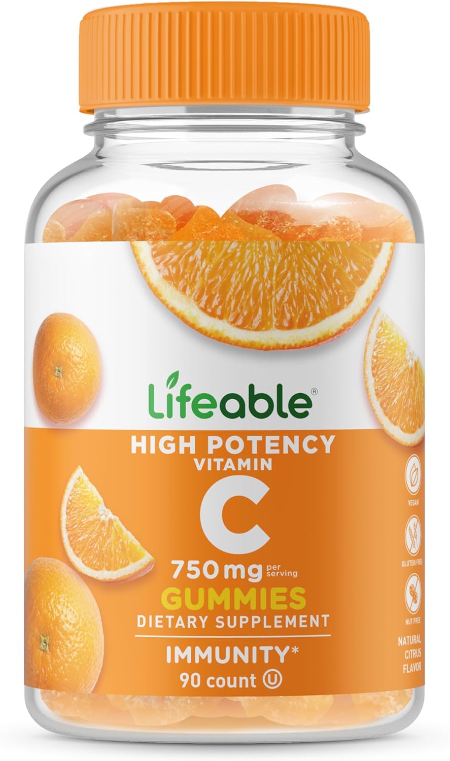Lifeable Vitamin C - Great Tasting Natural Flavor Gummy Supplement - Vegetarian GMO-Free Chewable Vitamins - for Immune Support - 90 Gummies (750 mg)