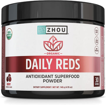 Zhou Nutrition USDA Organic Reds Antioxidant Superfood Powder, Vitamin C, Organic Tart Cherry, Beetroot, Cranberry, Goji Berry and More, Fiber, Immune Support, Non-GMO, Vegan, 30 Servings