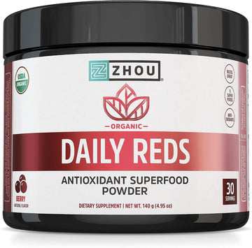 Zhou Nutrition Usda Organic Reds Antioxidant Superfood Powder, Vitamin C, Organic Tart Cherry, Beetroot, Cranberry, Goji Berry And More, Fiber, Immune Support, Non-Gmo, Vegan, 30 Servings