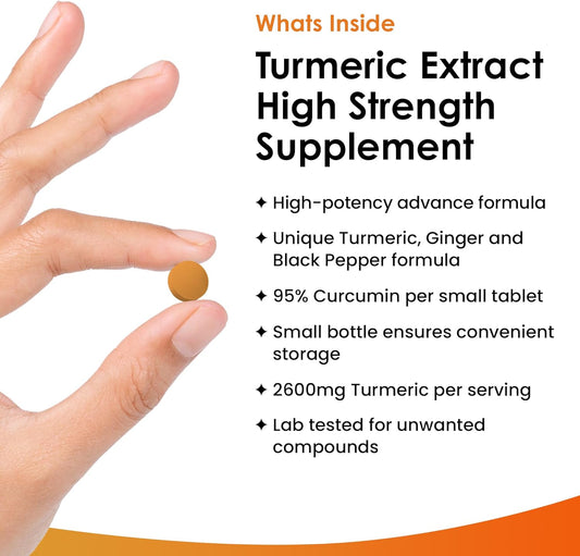 Turmeric Tablets 2600mg with Black Pepper & Ginger - 95% Curcumin Extract 180 and (3 Month) High Strength Active Supplements Not Capsules,by New Leaf