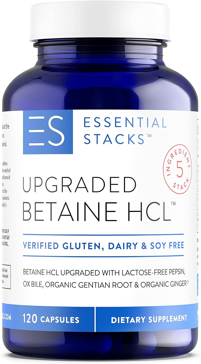 Essential Stacks Betaine Hcl With Pepsin, Ox Bile, Organic Gentian & Ginger - Betaine Hydrochloride Supplement W Digestive Enzymes, Bile & Bitters - Gluten, Dairy & Soy Free (120 Capsules)
