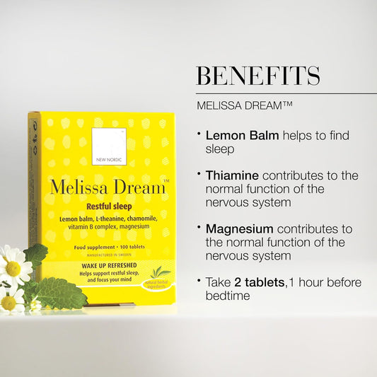 New Nordic Melissa Dream - Melatonin-Free Natural Sleep Aid & Insomnia Relief For Adults - Magnesium & Chamomile - 100 Herbal Sleeping Tablets