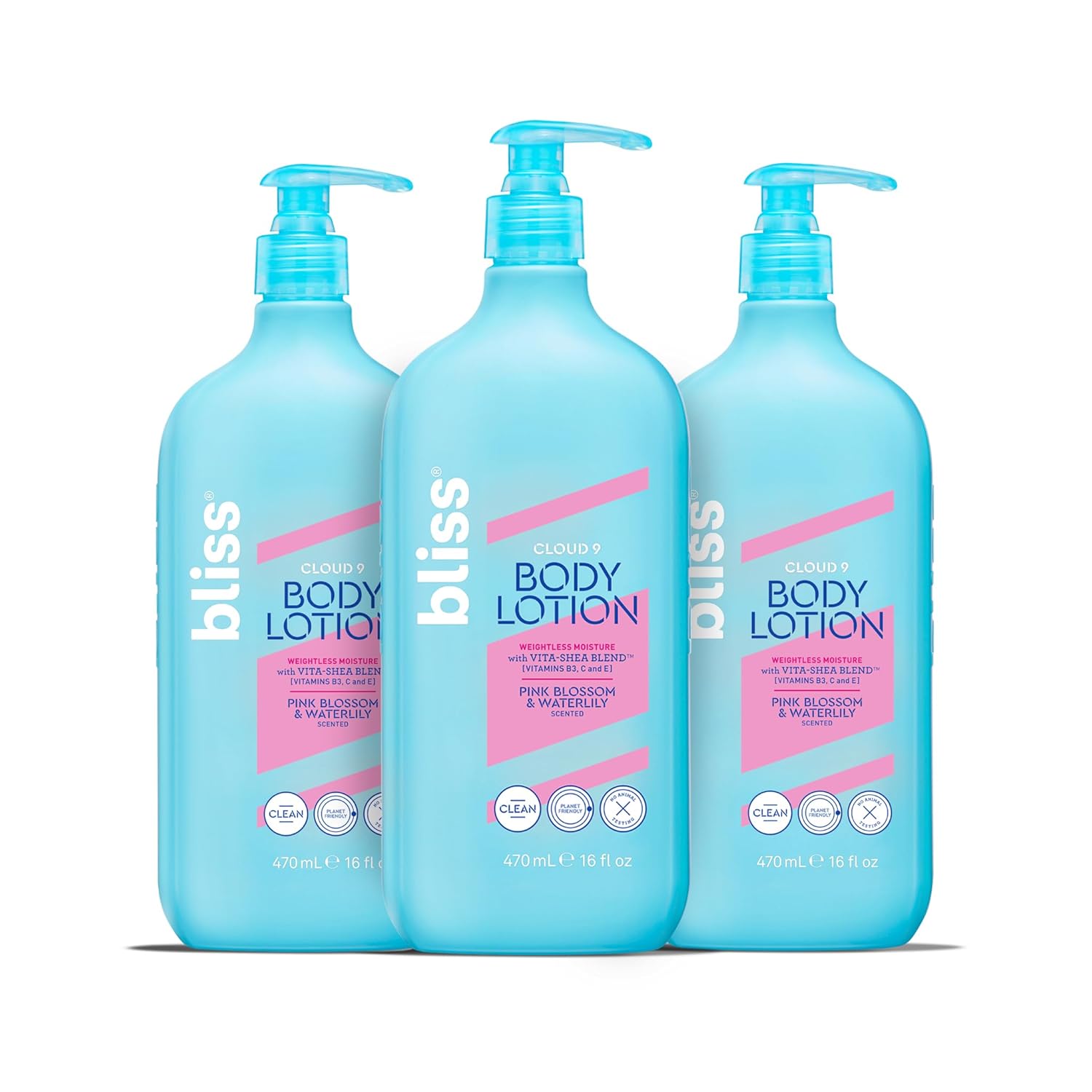 Bliss Cloud 9 Body Lotion For Dry Skin - Pink Blossom & Waterlily Scent- Formulated With Vitamins B3, C And E And Shea Butter - Deeply Hydrating For Supremely Soft Skin-16 Floz. (Pack Of 3)