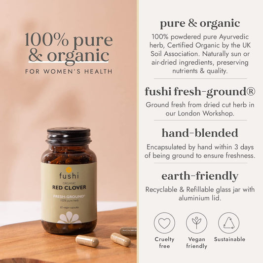 Fushi Organic Red Clover Capsules, 60 Caps | Fresh-Ground Whole Food | Rich In Minerals, Supports Women’S Health | Indigenously Sourced | Ethical, Vegan & Made In The Uk