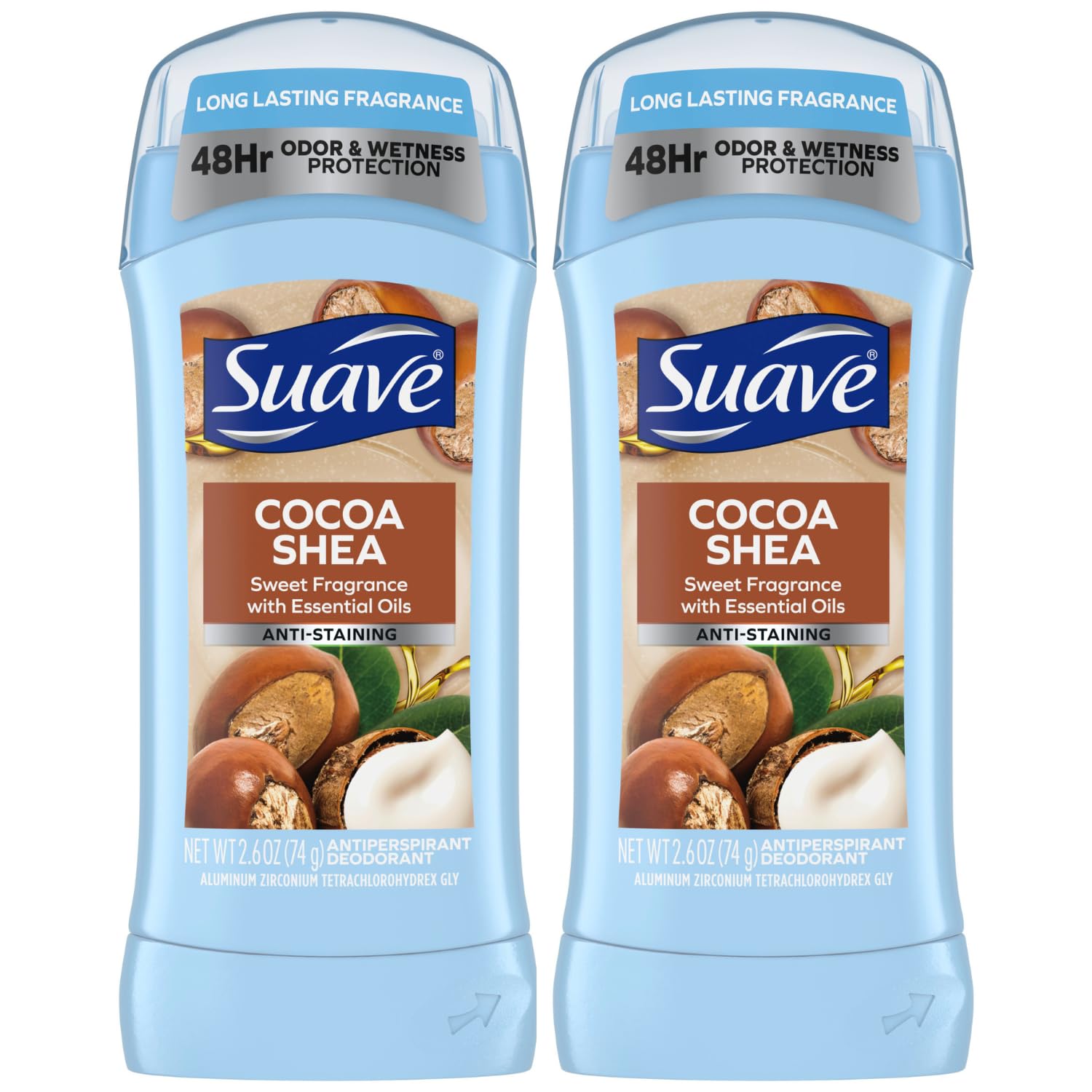 Suave Deodorant For Women, Cocoa Butter & Shea – Invisible Solid Antiperspirant Deodorant Stick, 48H Protection, Anti-Staining, Cruelty-Free, Scented, 2.6 Oz (Pack Of 2)