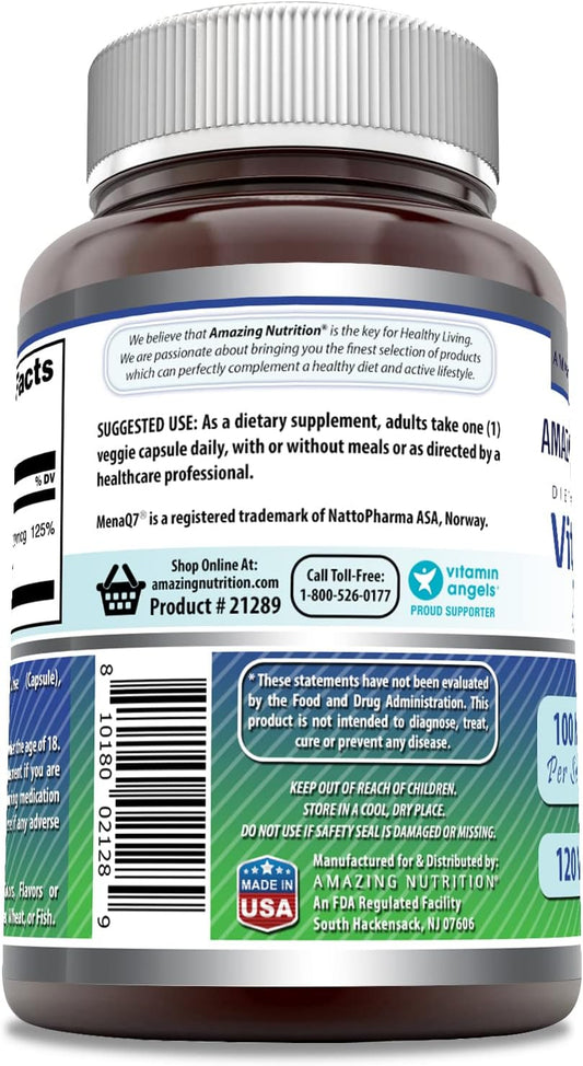 Amazing Formulas Vitamin K2 Menaq7 MK7 100Mcg 120 Veggie Capsules Supplement | Non-GMO | Gluten Free | Made in USA | Suitable for Vegetarians