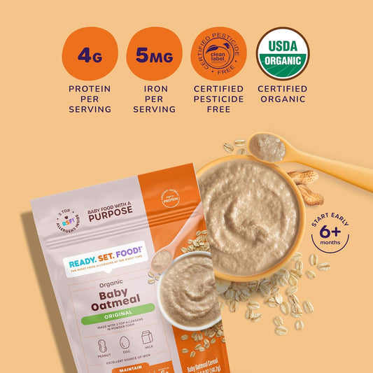 Ready Set Food Organic Baby Oatmeal Cereal – Safe & Easy Early Allergen Exposure For Babies 6+ Months, Organic Baby Food With 3 Top Allergens: Organic Peanuts, Egg, And Milk (Original, 4-Pack)