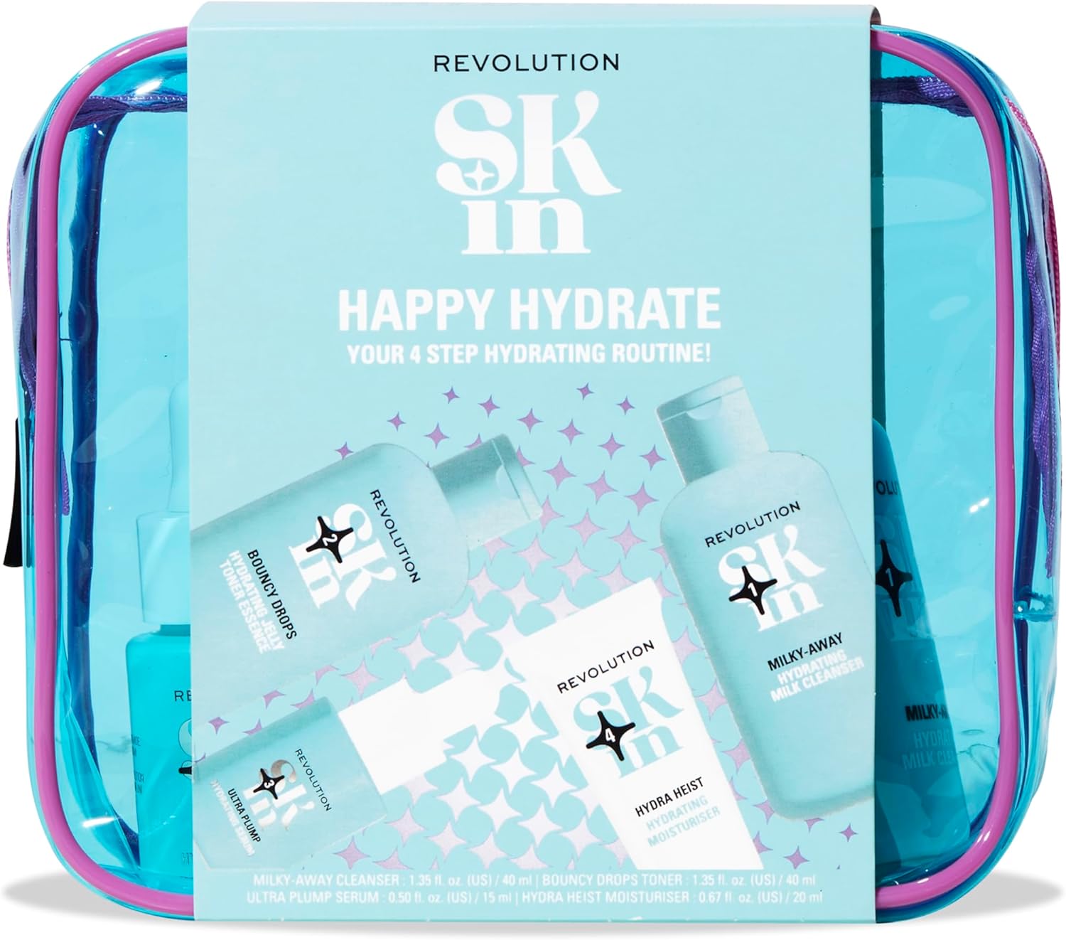 Revolution Skin, Happy Hydrate 4 Step Starter Kit, Hydrating Skincare Set Includes Cleansing Milk, Essence, Serum & Moisturise, Vegan & Cruelty-Free, 4 Products Included