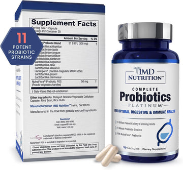 1MD Nutrition Complete Probiotics Platinum - w/Prebiotics and Probiotics for Digestive Health - Probiotic Supplement for Women & Men - More Than 50 Billion Live CFU 11 Strains Dairy-Free - 30 Caps